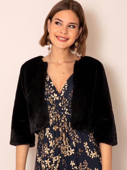 Alie Street Jaclyn Fuax Fur Bolero Jacket, Black, Black