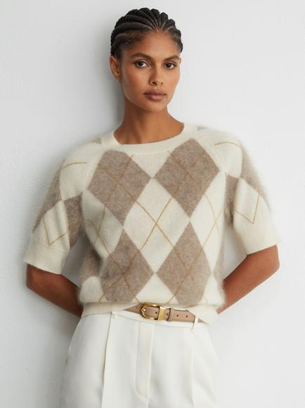 Reiss Aimee Cashmere Argyle Jumper, Ivory/Taupe, Ivory/Taupe