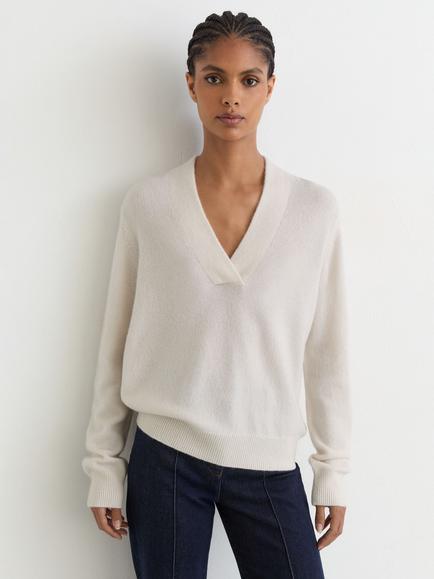 Reiss Blanche Pure Cashmere V-Neck Jumper, Ivory, Ivory