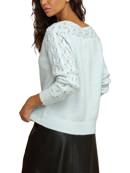 Pure Collection Merino Wool Rich Embellishment Slash Neck Jumper, Aqua Ice - view 2, Aqua Ice