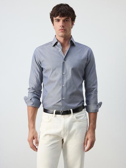 Mango Cotton Regular Fit Stripe Shirt, Sky Blue, Sky Blue