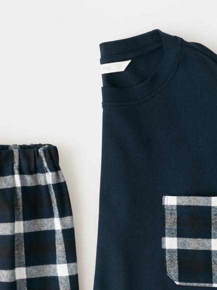 Mango Check Long Pyjama Set, Navy - view 2, Navy