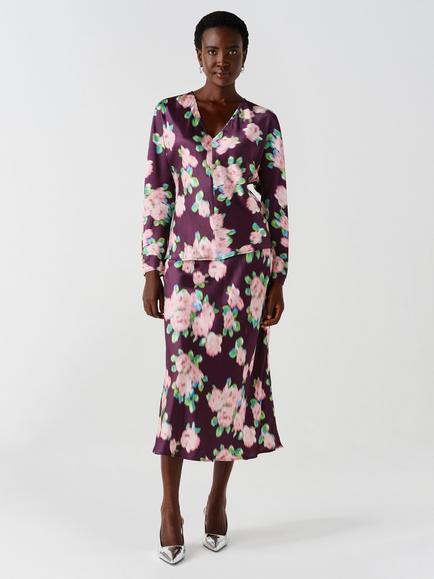 Ghost Luna Botanical Print Bias Cut Midi Skirt, Purple/Rose - view 2, Purple/Rose