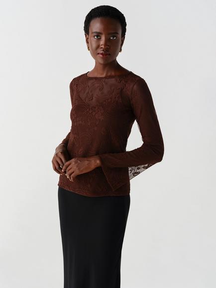 Ghost Lindsay Boat Neck Lace Top, Brown, Brown