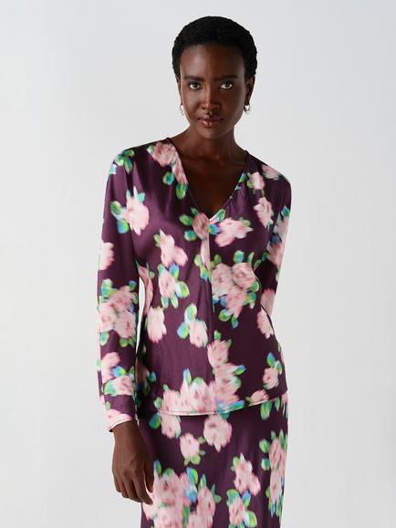 Ghost Lucille Blurred Floral Satin Top, Purple/Rose, Purple/Rose