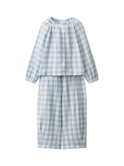 The White Company Kids' Cotton Long Sleeve Gingham Pyjama Set, White/Blue, White/Blue