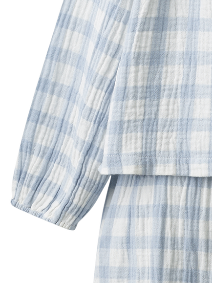 The White Company Kids' Cotton Long Sleeve Gingham Pyjama Set, White/Blue - view 2, White/Blue