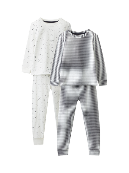 The White Company Kids' Long Sleeve Pyjama Set, Pack of 2, White/Navy, White/Navy