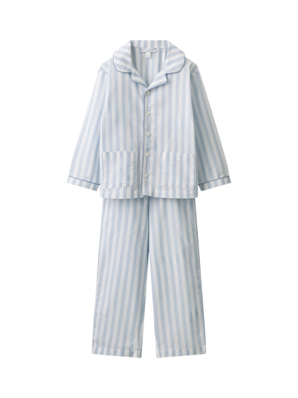 The White Company Kids' Cotton Poplin Stripe Pyjama Set, Blue, Blue