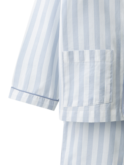 The White Company Kids' Cotton Poplin Stripe Pyjama Set, Blue - view 2, Blue