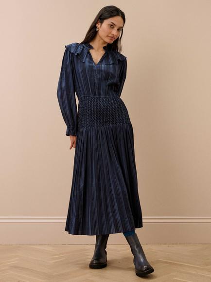 Brora Textured Stripe Smocked Dress, Navy, Navy