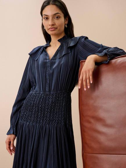 Brora Textured Stripe Smocked Dress, Navy - view 2, Navy