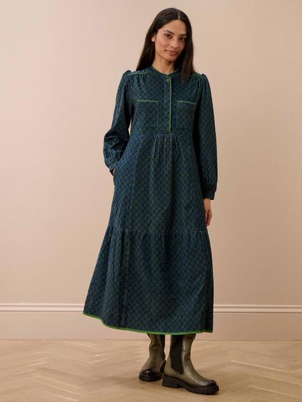 Brora Corduroy Geometric Print Shirt Dress, Ink/Fennel, Ink/Fennel