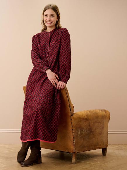 Brora Corduroy Geometric Print Shirt Dress, Paprika/Smoke - view 2, Paprika/Smoke