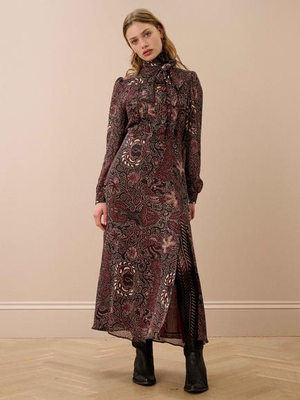 Brora Silk Batik Print Tie Neck Dress, Malt, Malt