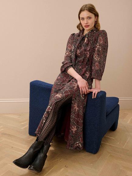 Brora Silk Batik Print Tie Neck Dress, Malt - view 2, Malt