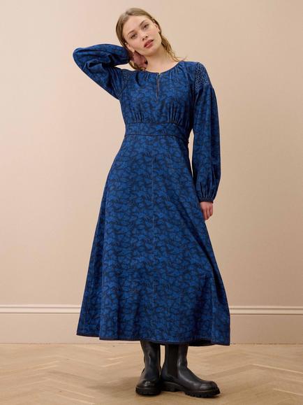 Brora Corduroy Feather Print Dress, Navy/Cobalt, Navy/Cobalt