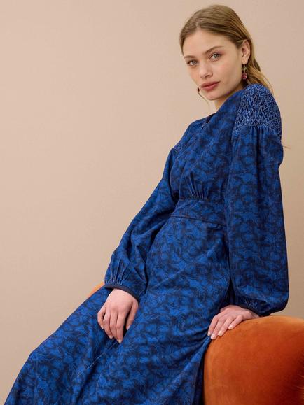 Brora Corduroy Feather Print Dress, Navy/Cobalt - view 2, Navy/Cobalt