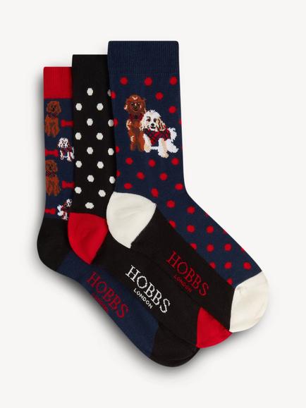 Hobbs Dog Print Ankle Socks, Pack of 3 Pairs, Blue, Blue