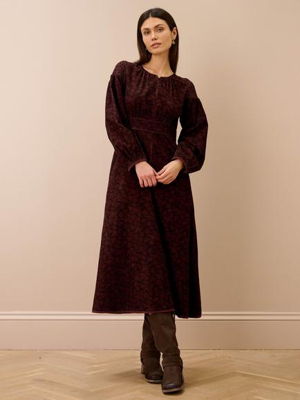 Brora Corduroy Feather Print Dress, Chocolate/Conker, Chocolate/Conker