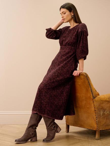 Brora Corduroy Feather Print Dress, Chocolate/Conker - view 2, Chocolate/Conker