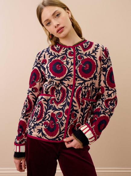 Brora Cotton Velvet Embroidered Jacket, Navy/Paprika, Navy/Paprika