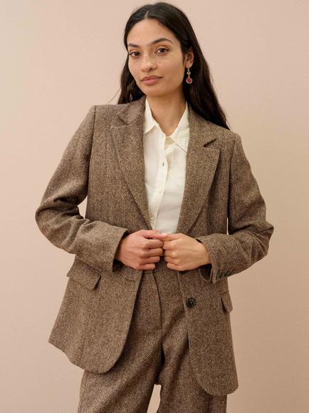 Brora Herringbone Single Breasted Wool Blazer, Mole, Mole