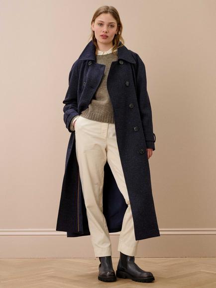 Brora Double Breasted Houndstooth Wool Trench Coat, French Navy, French Navy