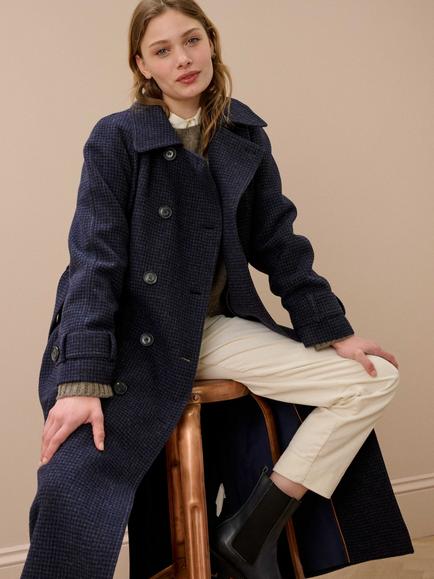 Brora Double Breasted Houndstooth Wool Trench Coat, French Navy - view 2, French Navy