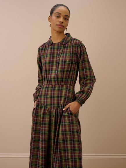 Brora Brushed Cotton Check Dress, Aubergine/Olive, Aubergine/Olive