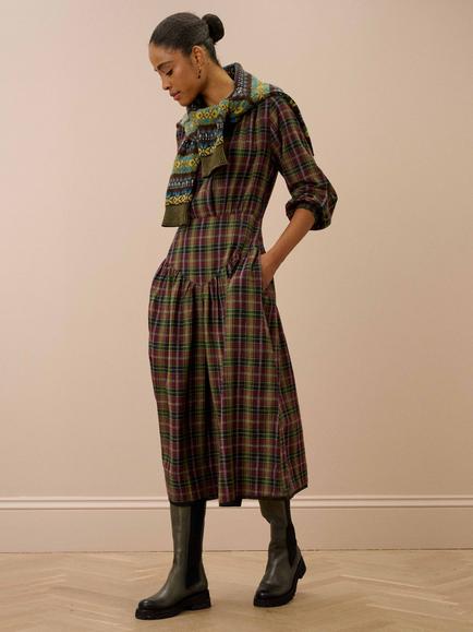 Brora Brushed Cotton Check Dress, Aubergine/Olive - view 2, Aubergine/Olive