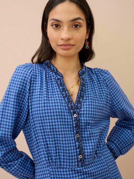 Brora Brushed Cotton Gingham Dress, Delft - view 2, Delft