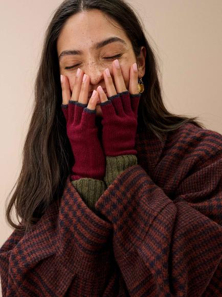 Brora Pure Cashmere Fingerless Gloves - view 2, Claret/Midnight