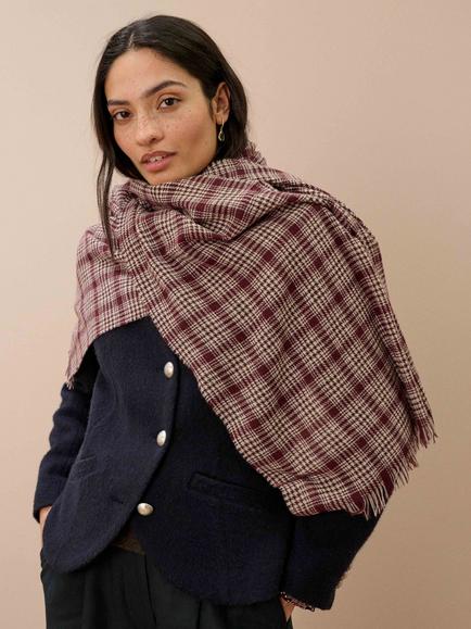 Brora Pure Cashmere Checked Chartouche Scarf, Claret/Almond - view 2, Claret/Almond