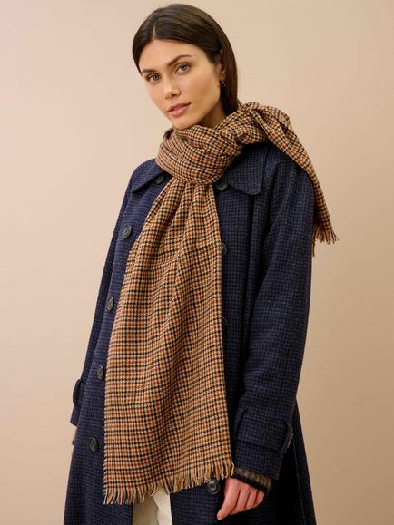 Brora Pure Cashmere Checked Chartouche Scarf, Honey/Conker - view 2, Honey/Conker