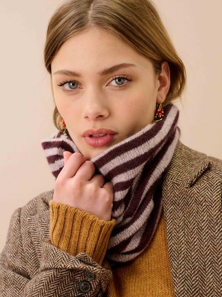 Brora Pure Cashmere Gauzy Stripe Snood - view 2, Malt/Ash