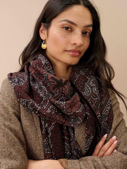 Brora Velvet Trim Botanic Pure Wool Stole, Malt - view 2, Malt
