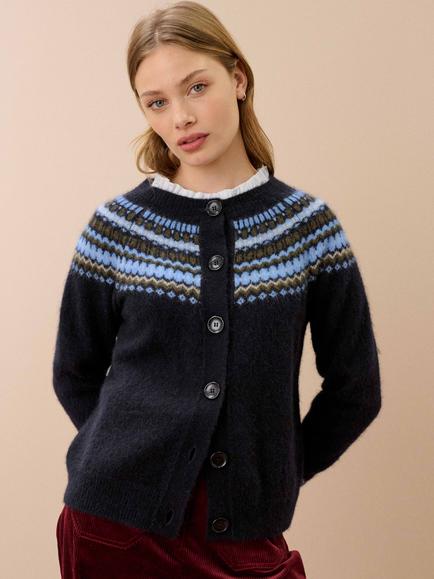 Brora Alpaca Blend Fair Isle Yoke Cardigan, Ink