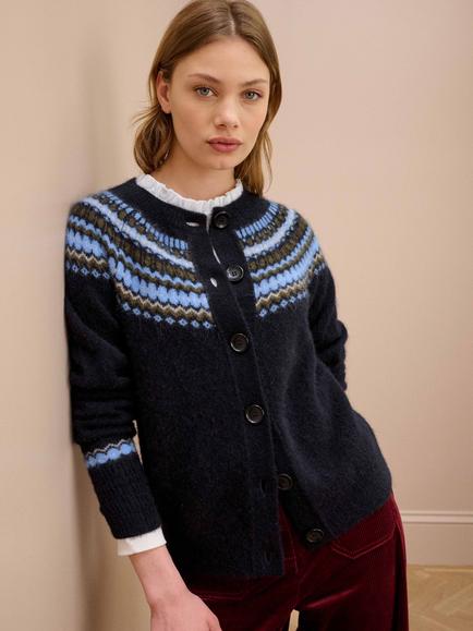 Brora Alpaca Blend Fair Isle Yoke Cardigan - view 2, Ink