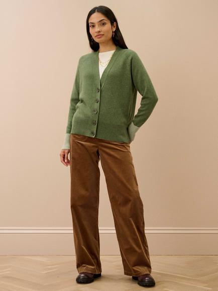 Brora Pure Cashmere Contrast Cuff Cardigan, Fern, Fern
