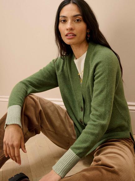 Brora Pure Cashmere Contrast Cuff Cardigan, Fern - view 2, Fern