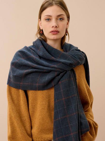 Brora Pure Cashmere Checked Chartouche Scarf, Raven/Ginger - view 2, Raven/Ginger