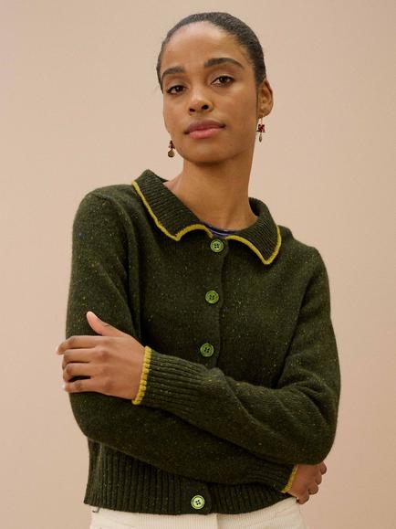 Brora Donegal Wool Collared Cardigan, Loden