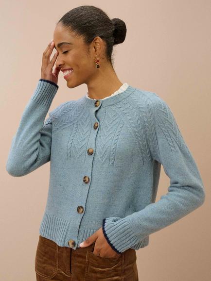 Brora Donegal Wool Guernsey Cardigan, Glacier, Glacier