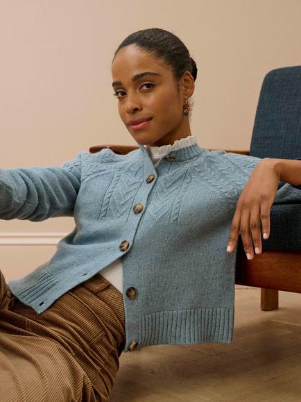 Brora Donegal Wool Guernsey Cardigan, Glacier - view 2, Glacier
