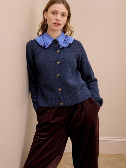 Brora Donegal Wool Guernsey Cardigan, Navy - view 2, Navy