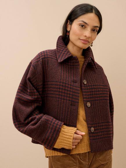 Brora Checked Collared Short Wool Jacket, Conker/Midnight - view 2, Conker/Midnight
