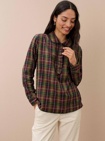 Brora Brushed Cotton Check Shirt, Aubergine/Olive, Aubergine/Olive