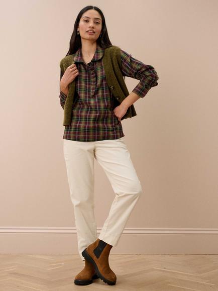 Brora Brushed Cotton Check Shirt, Aubergine/Olive - view 2, Aubergine/Olive