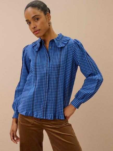 Brora Brushed Cotton Gingham Blouse, Delft, Delft